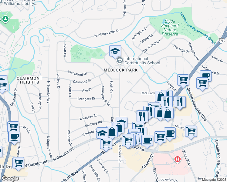 map of restaurants, bars, coffee shops, grocery stores, and more near 761 Scott Circle in Decatur