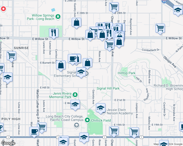 map of restaurants, bars, coffee shops, grocery stores, and more near 2300 Walnut Avenue in Signal Hill