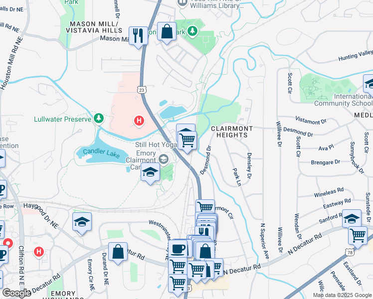 map of restaurants, bars, coffee shops, grocery stores, and more near 1549 Clairmont Road in Decatur