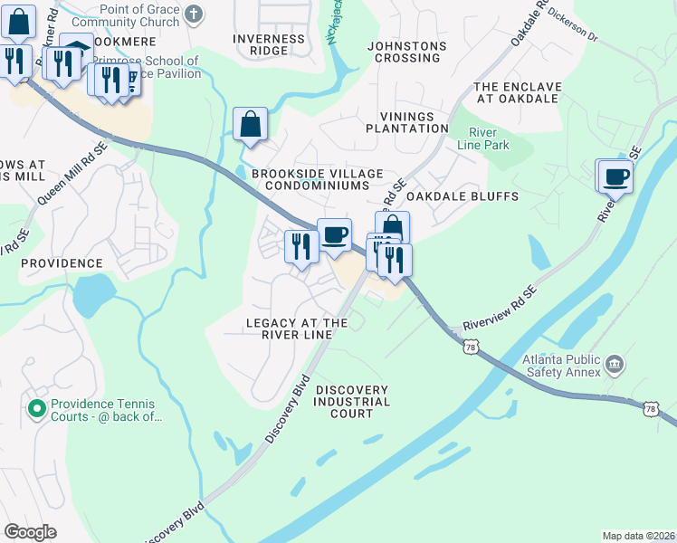 map of restaurants, bars, coffee shops, grocery stores, and more near 6124 Holly Park Lane Southeast in Mableton