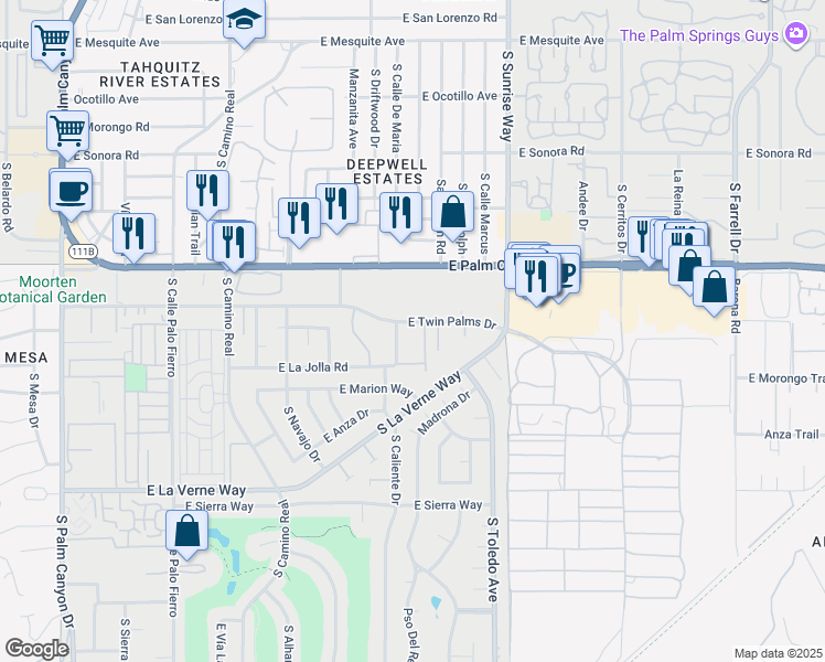 map of restaurants, bars, coffee shops, grocery stores, and more near 1455 East Twin Palms Drive in Palm Springs