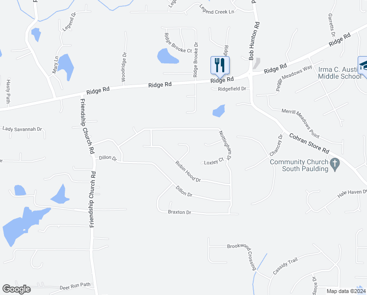 map of restaurants, bars, coffee shops, grocery stores, and more near 93 Marion Lane in Douglasville