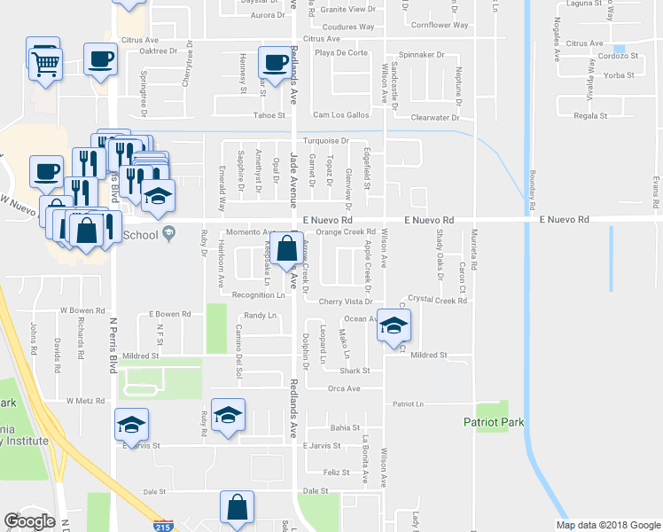 map of restaurants, bars, coffee shops, grocery stores, and more near 1498 Olivecrest Way in Perris