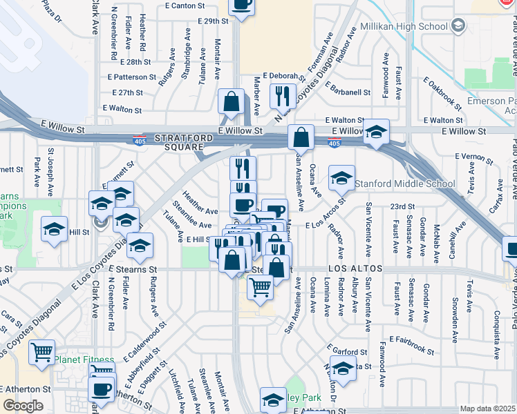 map of restaurants, bars, coffee shops, grocery stores, and more near 5551 East 23rd Street in Long Beach