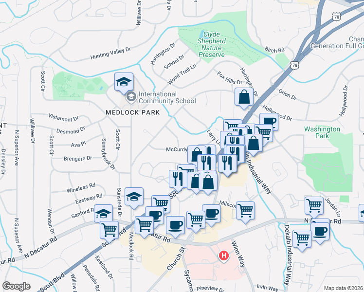 map of restaurants, bars, coffee shops, grocery stores, and more near 2548 McCurdy Way in Decatur
