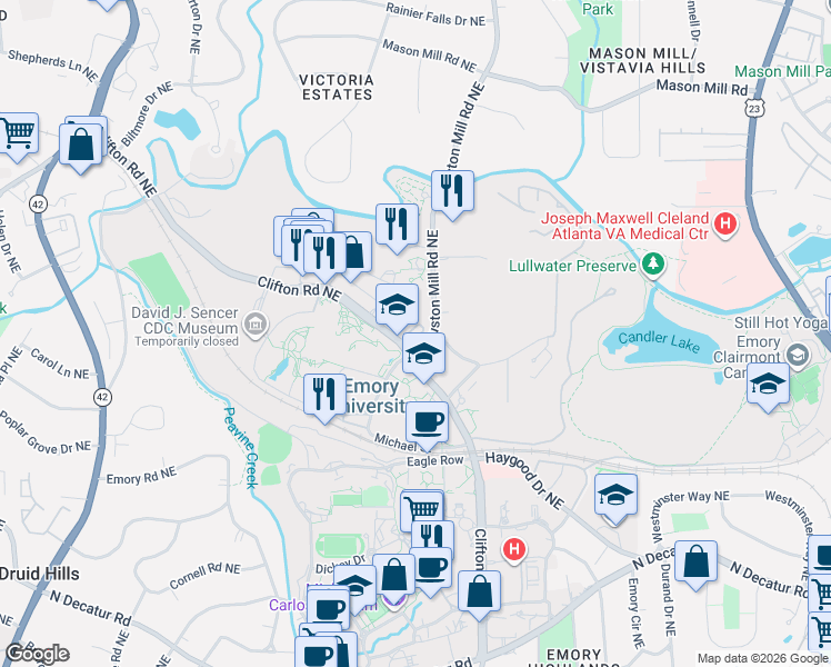 map of restaurants, bars, coffee shops, grocery stores, and more near 1585 Clifton Road in Atlanta
