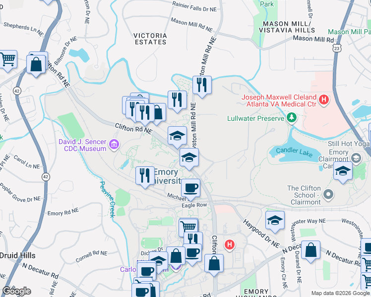 map of restaurants, bars, coffee shops, grocery stores, and more near 1585 Clifton Road in Atlanta