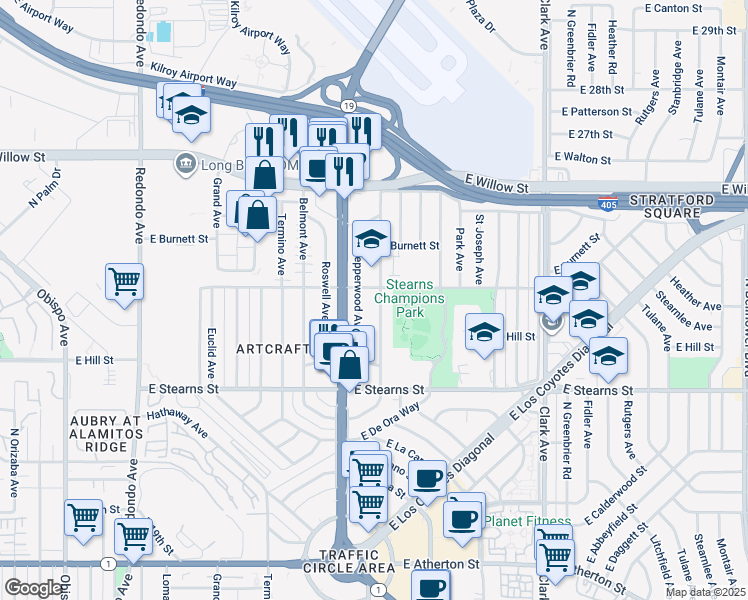 map of restaurants, bars, coffee shops, grocery stores, and more near 2291 Ximeno Avenue in Long Beach