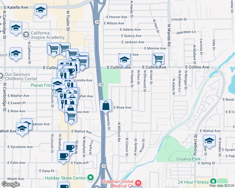 map of restaurants, bars, coffee shops, grocery stores, and more near 2226 East Mayfair Avenue in Orange