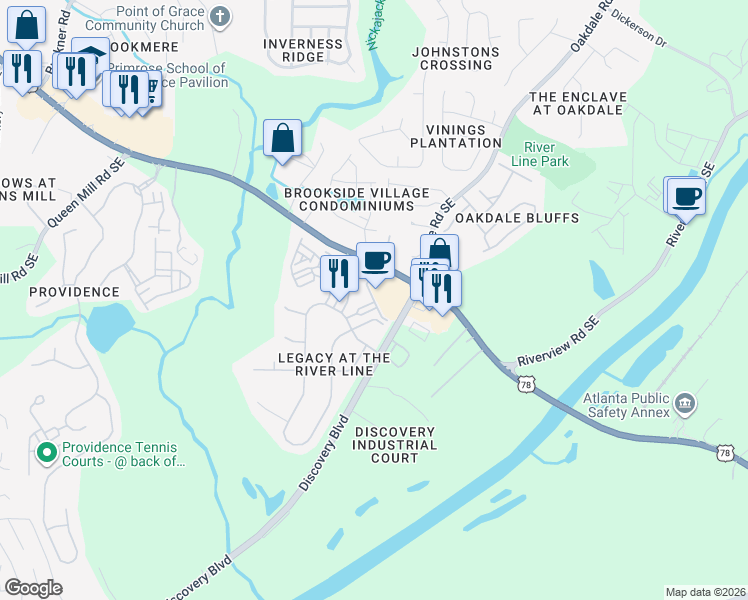 map of restaurants, bars, coffee shops, grocery stores, and more near 6116 Holly Park Lane Southeast in Mableton