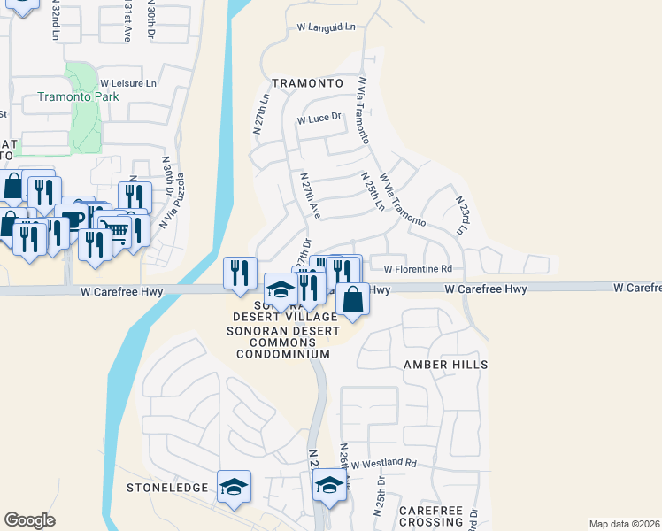 map of restaurants, bars, coffee shops, grocery stores, and more near 34715 North 26th Drive in Phoenix