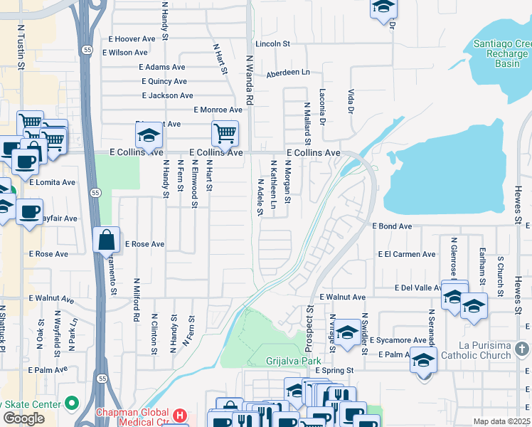 map of restaurants, bars, coffee shops, grocery stores, and more near 727 North Adele Street in Orange