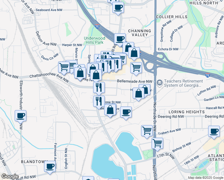map of restaurants, bars, coffee shops, grocery stores, and more near 782 Holmes Street Northwest in Atlanta