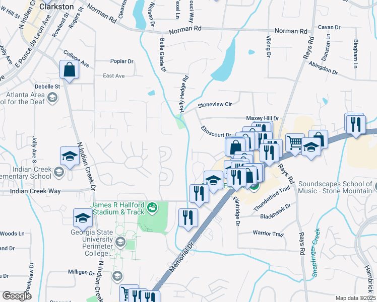 map of restaurants, bars, coffee shops, grocery stores, and more near 6748 Baynes Hill Drive in Clarkston