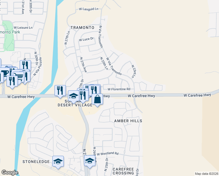 map of restaurants, bars, coffee shops, grocery stores, and more near 2507 West Old Paint Trail in Phoenix