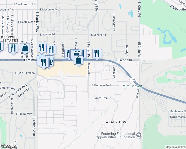map of restaurants, bars, coffee shops, grocery stores, and more near 1807 Sandcliff Road in Palm Springs
