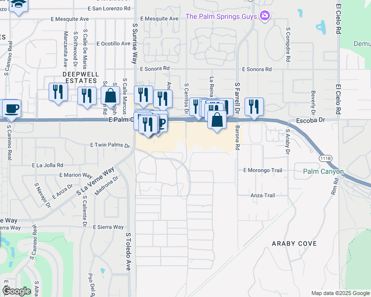 map of restaurants, bars, coffee shops, grocery stores, and more near 1785 East Palm Canyon Drive in Palm Springs