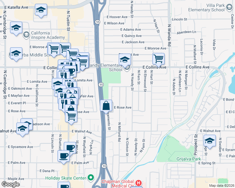 map of restaurants, bars, coffee shops, grocery stores, and more near 2226 East Mayfair Avenue in Orange