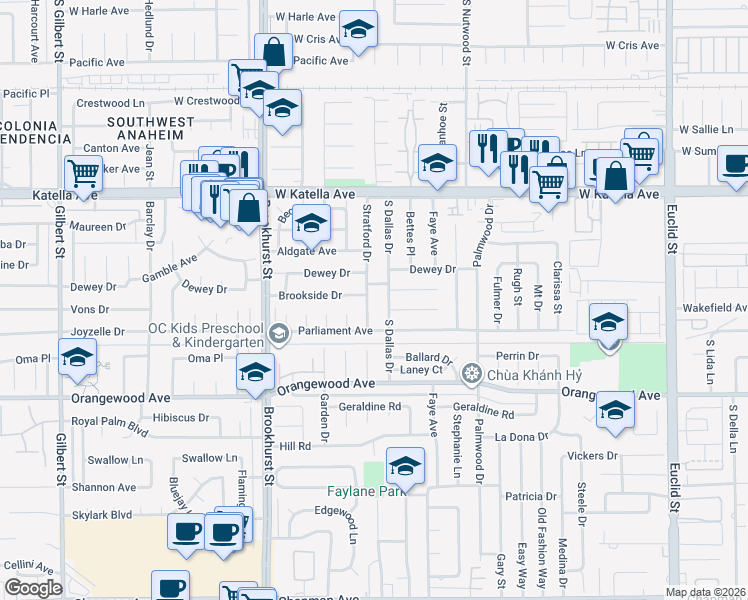 map of restaurants, bars, coffee shops, grocery stores, and more near 11242 Stratford Drive in Garden Grove