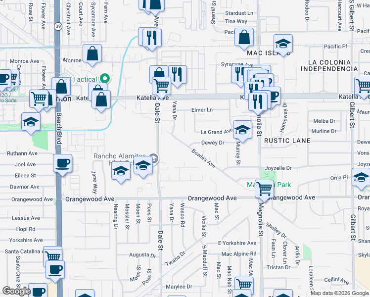 map of restaurants, bars, coffee shops, grocery stores, and more near 11231 Bowles Avenue in Garden Grove