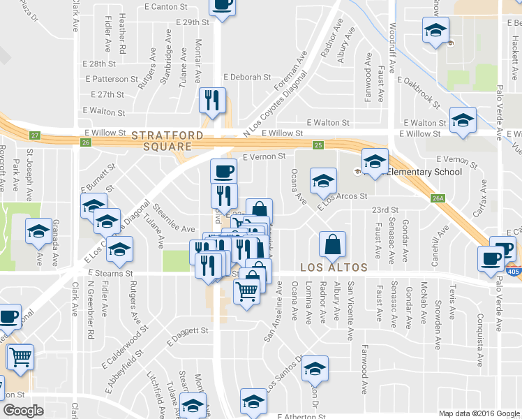 map of restaurants, bars, coffee shops, grocery stores, and more near 2312 Marwick Avenue in Long Beach