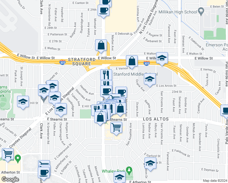 map of restaurants, bars, coffee shops, grocery stores, and more near 5570 East Rolanda Street in Long Beach