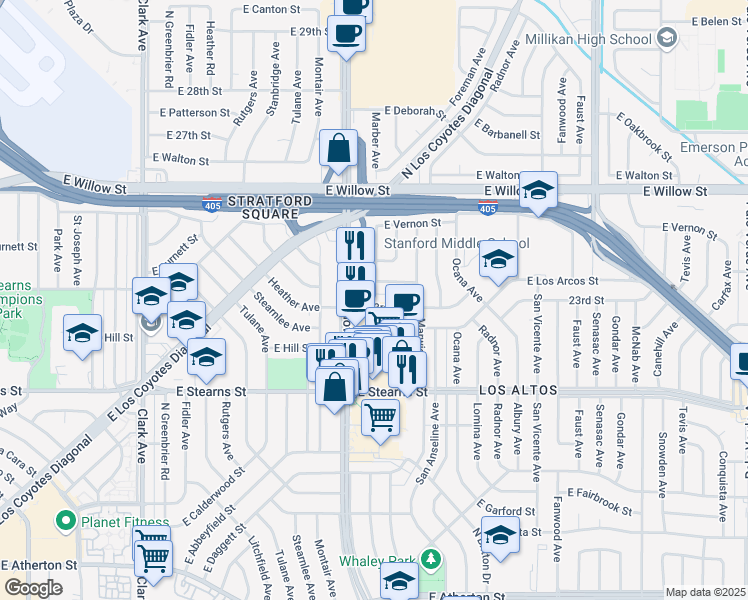 map of restaurants, bars, coffee shops, grocery stores, and more near 5570 East Rolanda Street in Long Beach