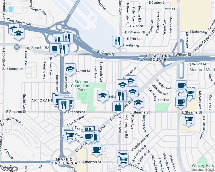 map of restaurants, bars, coffee shops, grocery stores, and more near 2281 Granada Avenue in Long Beach