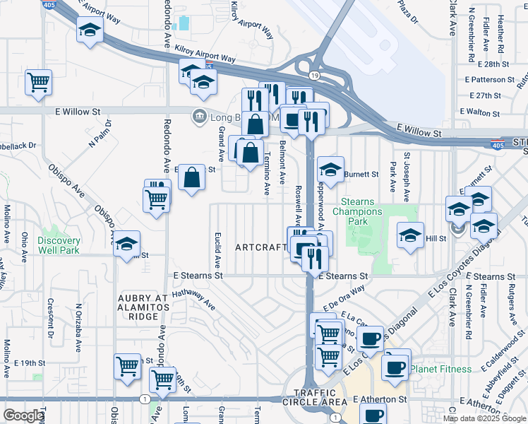 map of restaurants, bars, coffee shops, grocery stores, and more near 2298 Mira Mar Avenue in Long Beach