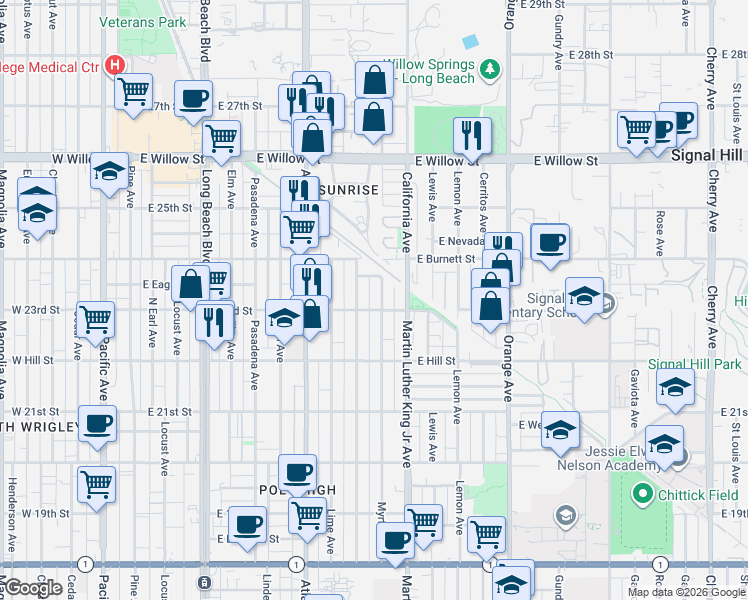 map of restaurants, bars, coffee shops, grocery stores, and more near 2325 Myrtle Avenue in Long Beach