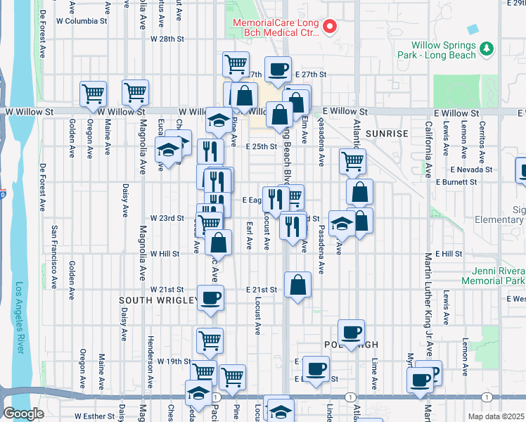 map of restaurants, bars, coffee shops, grocery stores, and more near 154 East Eagle Street in Long Beach
