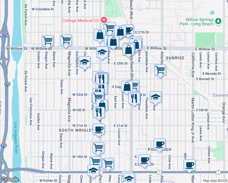 map of restaurants, bars, coffee shops, grocery stores, and more near 2315 Earl Avenue in Long Beach