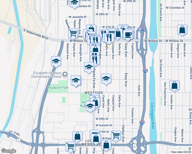 map of restaurants, bars, coffee shops, grocery stores, and more near 2326 Santa Fe Avenue in Long Beach