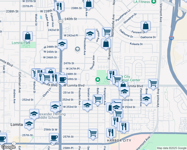 map of restaurants, bars, coffee shops, grocery stores, and more near 1411 Lomita Boulevard in Los Angeles