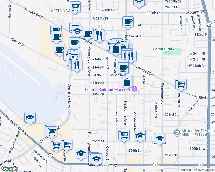 map of restaurants, bars, coffee shops, grocery stores, and more near 2306 248th Street in Lomita