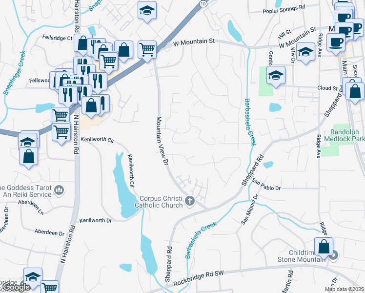 map of restaurants, bars, coffee shops, grocery stores, and more near 744 Brittany Court in Stone Mountain