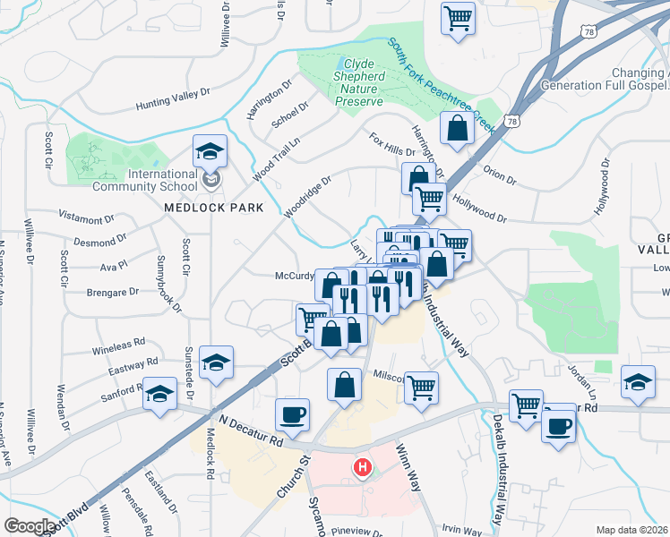 map of restaurants, bars, coffee shops, grocery stores, and more near 2572 McCurdy Way in Decatur