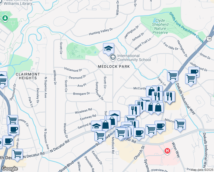 map of restaurants, bars, coffee shops, grocery stores, and more near 761 Scott Circle in Decatur