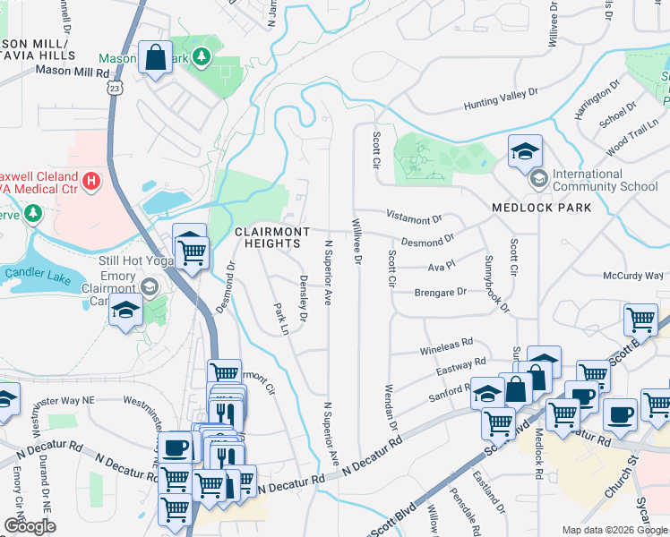 map of restaurants, bars, coffee shops, grocery stores, and more near 765 North Superior Avenue in Decatur