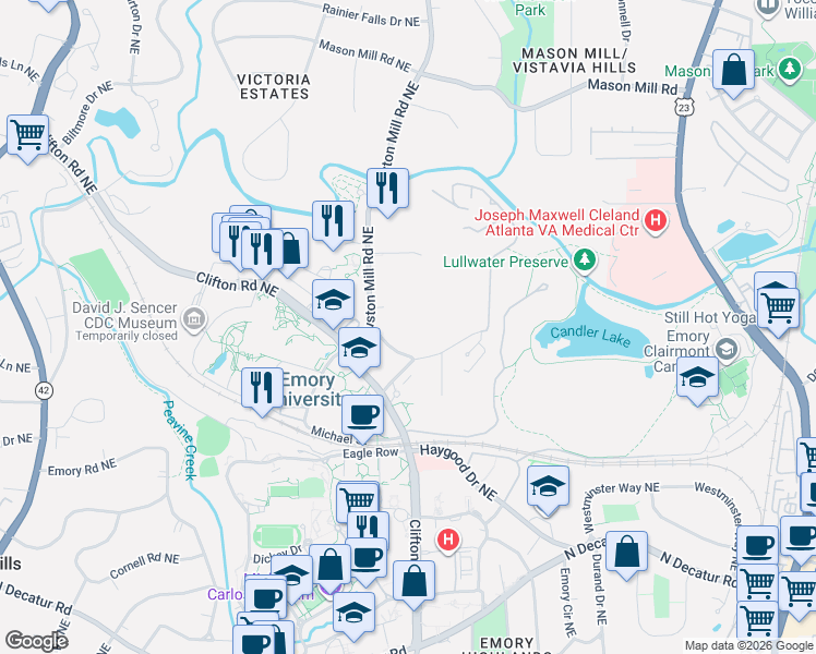 map of restaurants, bars, coffee shops, grocery stores, and more near 785 Houston Mill Road Northeast in Atlanta