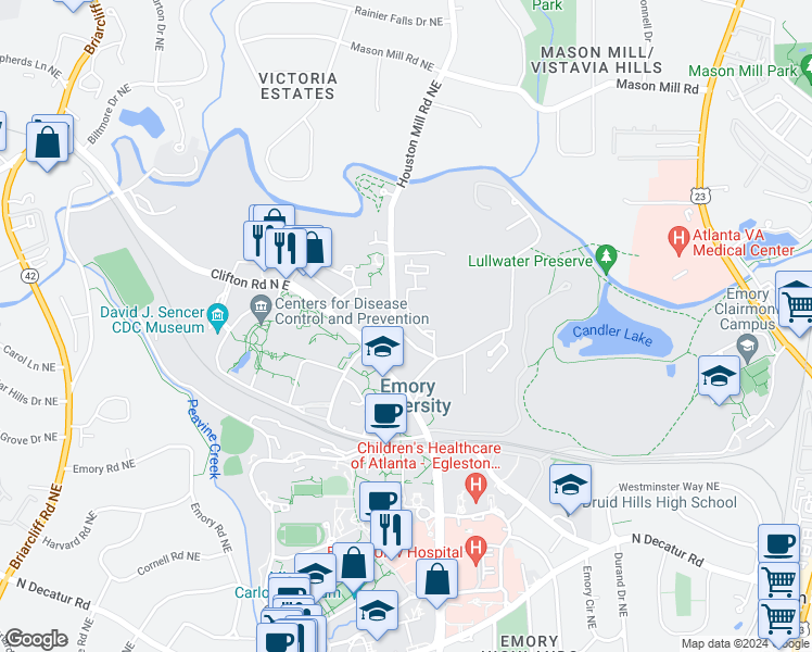 map of restaurants, bars, coffee shops, grocery stores, and more near 1618 North Gatewood Road Northeast in Atlanta