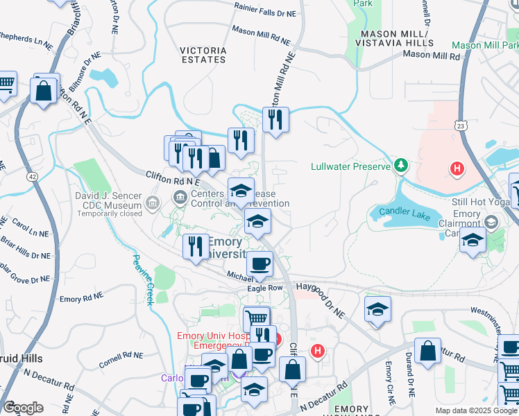 map of restaurants, bars, coffee shops, grocery stores, and more near 1618 North Gatewood Road Northeast in Atlanta
