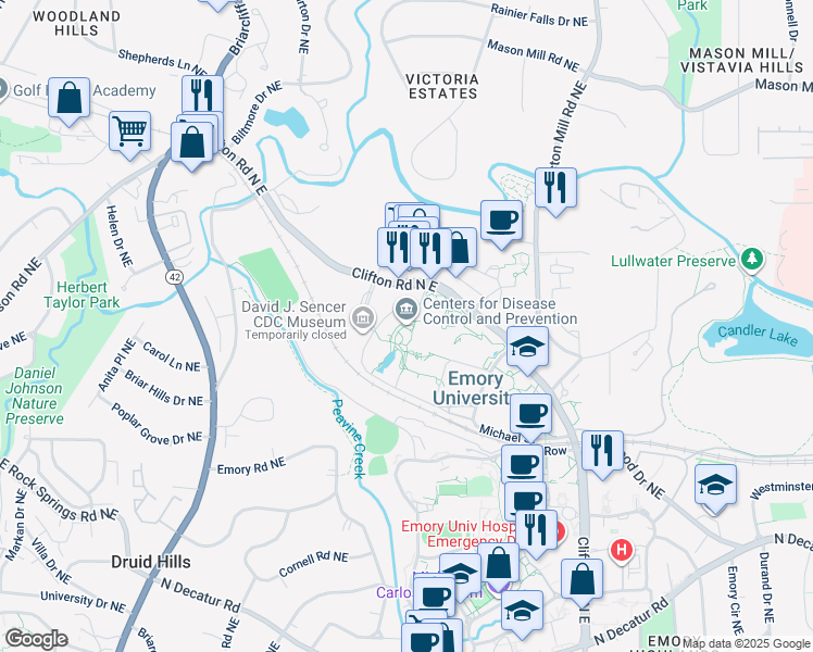 map of restaurants, bars, coffee shops, grocery stores, and more near 1700 Clifton Road in Atlanta