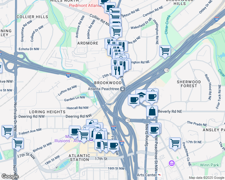 map of restaurants, bars, coffee shops, grocery stores, and more near 25 Standish Avenue Northwest in Atlanta