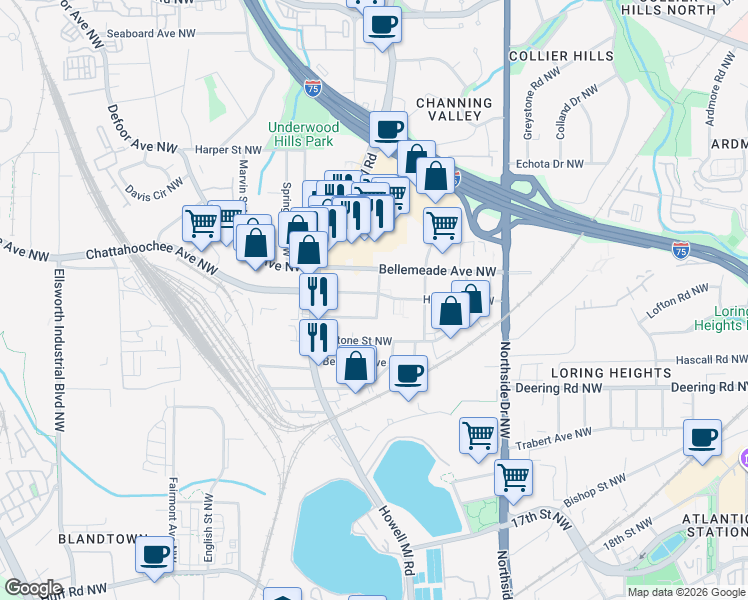 map of restaurants, bars, coffee shops, grocery stores, and more near 766 Holmes Street Northwest in Atlanta