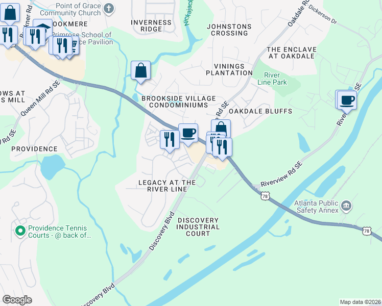 map of restaurants, bars, coffee shops, grocery stores, and more near 6124 Holly Park Lane Southeast in Mableton