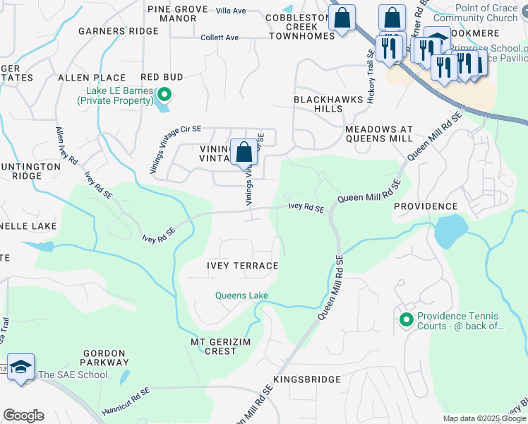 map of restaurants, bars, coffee shops, grocery stores, and more near 541 Glen Abbey Circle in Mableton