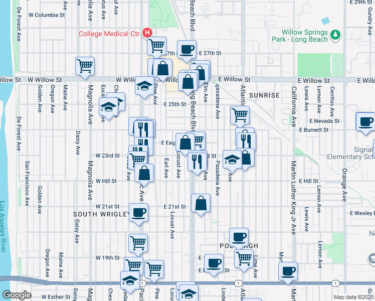 map of restaurants, bars, coffee shops, grocery stores, and more near 2335 Long Beach Boulevard in Long Beach
