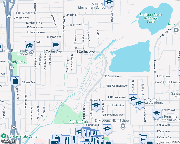 map of restaurants, bars, coffee shops, grocery stores, and more near 3418 East Lambeth Court in Orange