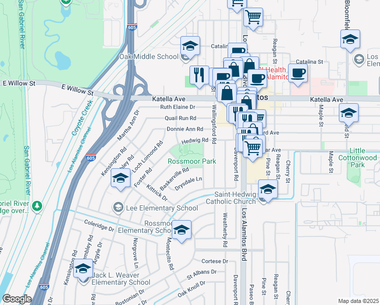 map of restaurants, bars, coffee shops, grocery stores, and more near 3232 Hedwig Road in Los Alamitos